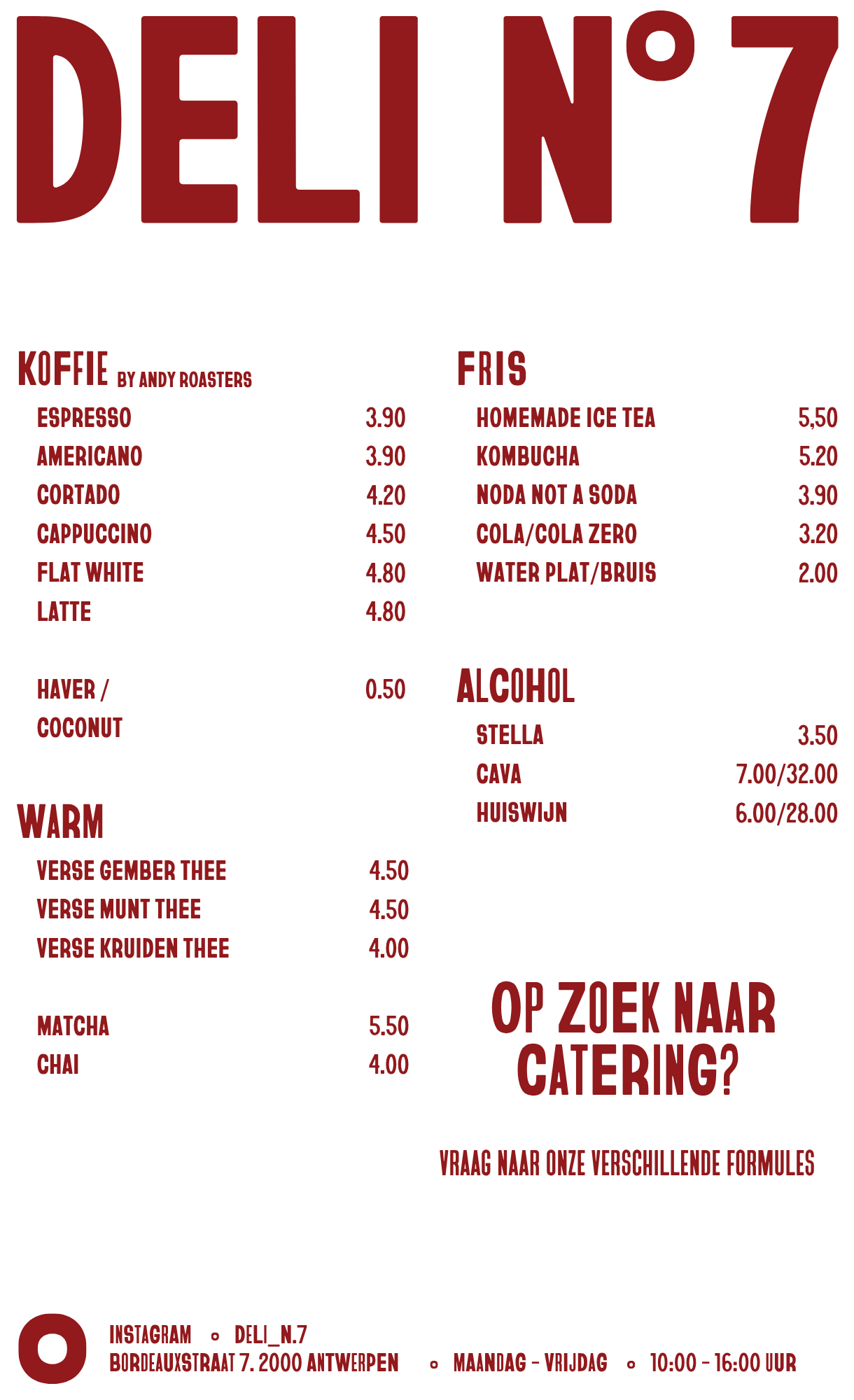 Menukaart Deli N°7 — koffie, thee, frisdranken en wijn
