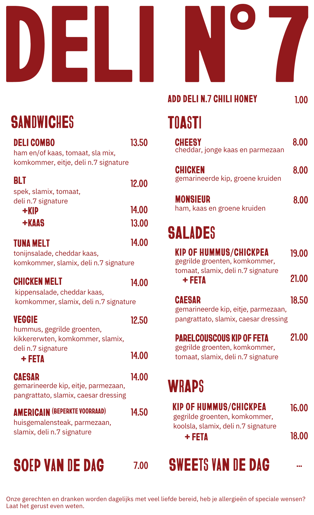 Menukaart Deli N°7 — sandwiches, toasti, salades en wraps