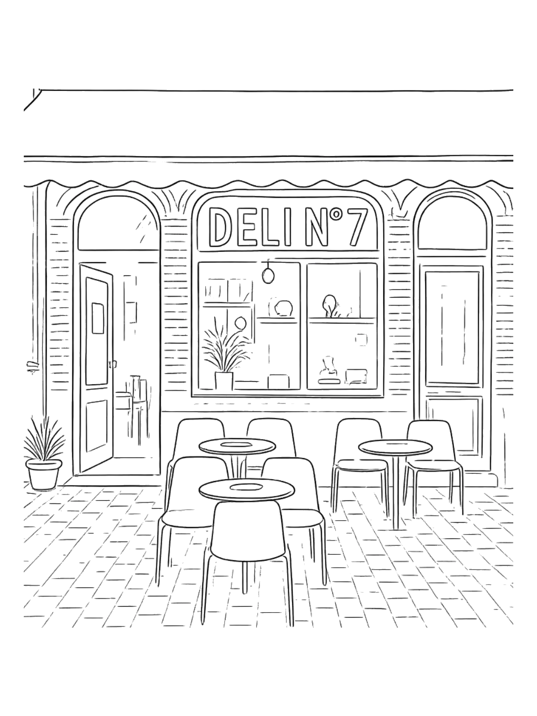 Line-art tekening van de gevel van Deli N°7 in de Bordeauxstraat, Antwerpen